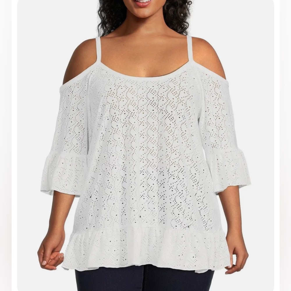 Michael Kors White Knit Eyelet Ruffled Cold Shoulder Plus Size 2X Brand New